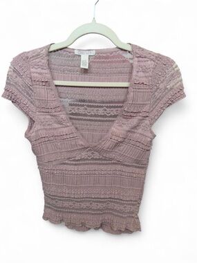 Full Tilt Dusty Rose Lace-Trim V-Neck Cropped Top